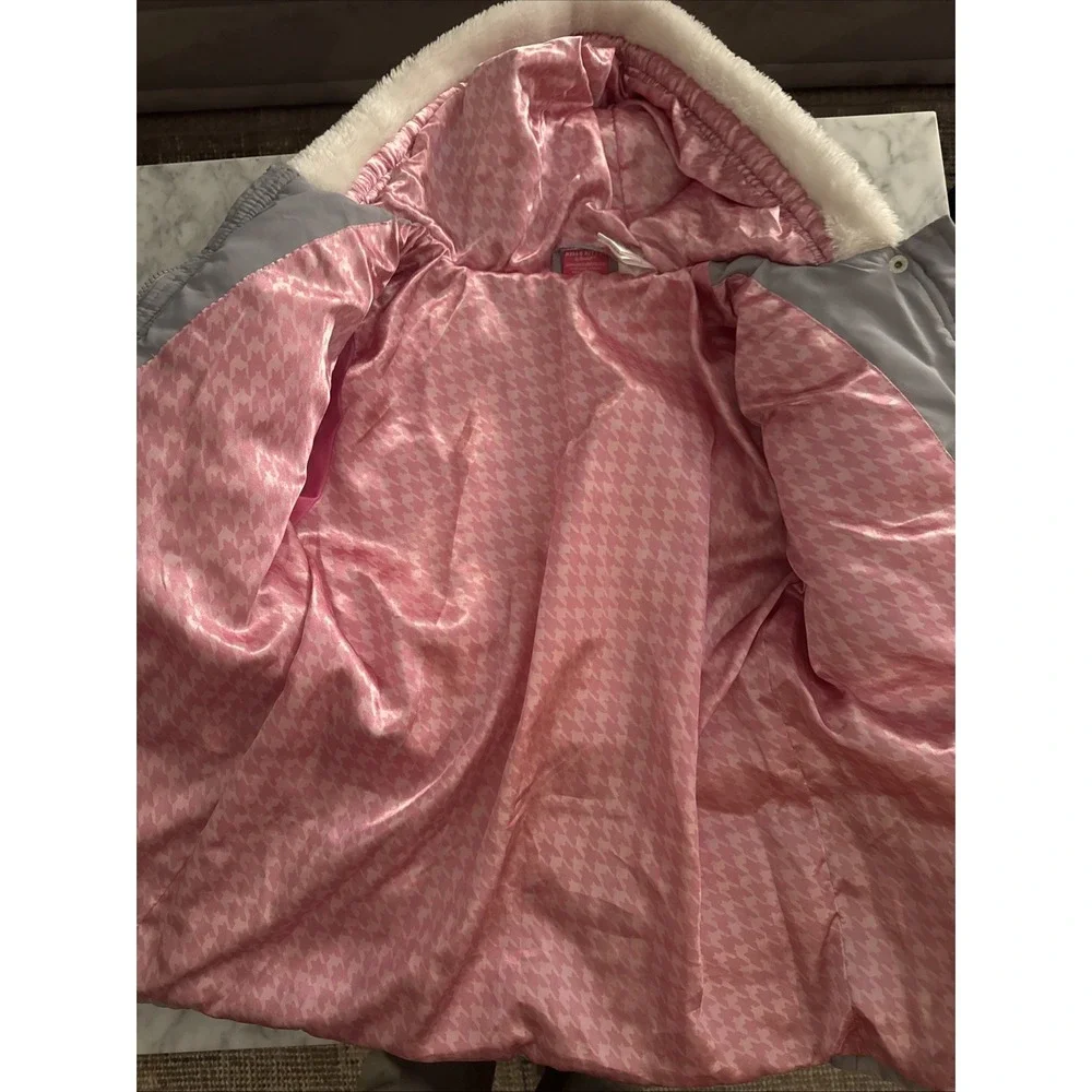 Hello Kitty Sanrio Grey Puffer Jacket‎ Hooded Faux Fur Trim Pink Lining Girls 12